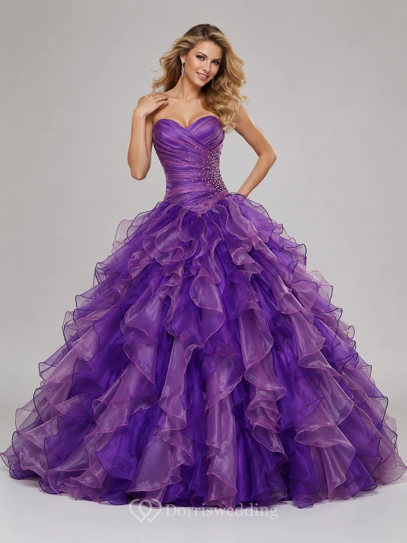 Dreaming Sweetheart Ruched Ball Gown With Cascading Ruffles and Rhinestones