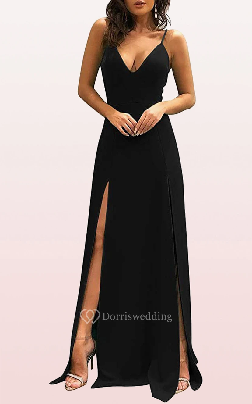 Casual Satin V-neck A Line Sleeveless Prom Dress With Split Front view 3