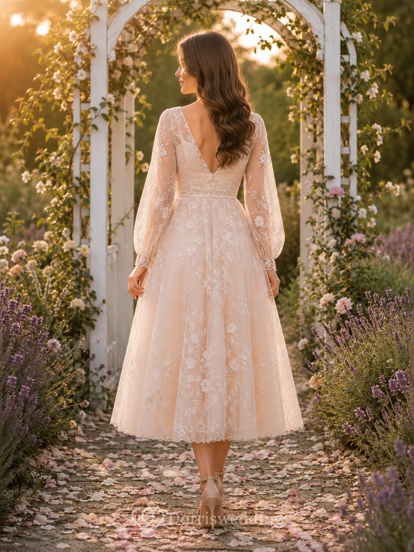 Blush Vintage Lace Long Sleeve Tea Length Garden Wedding Dress view 2