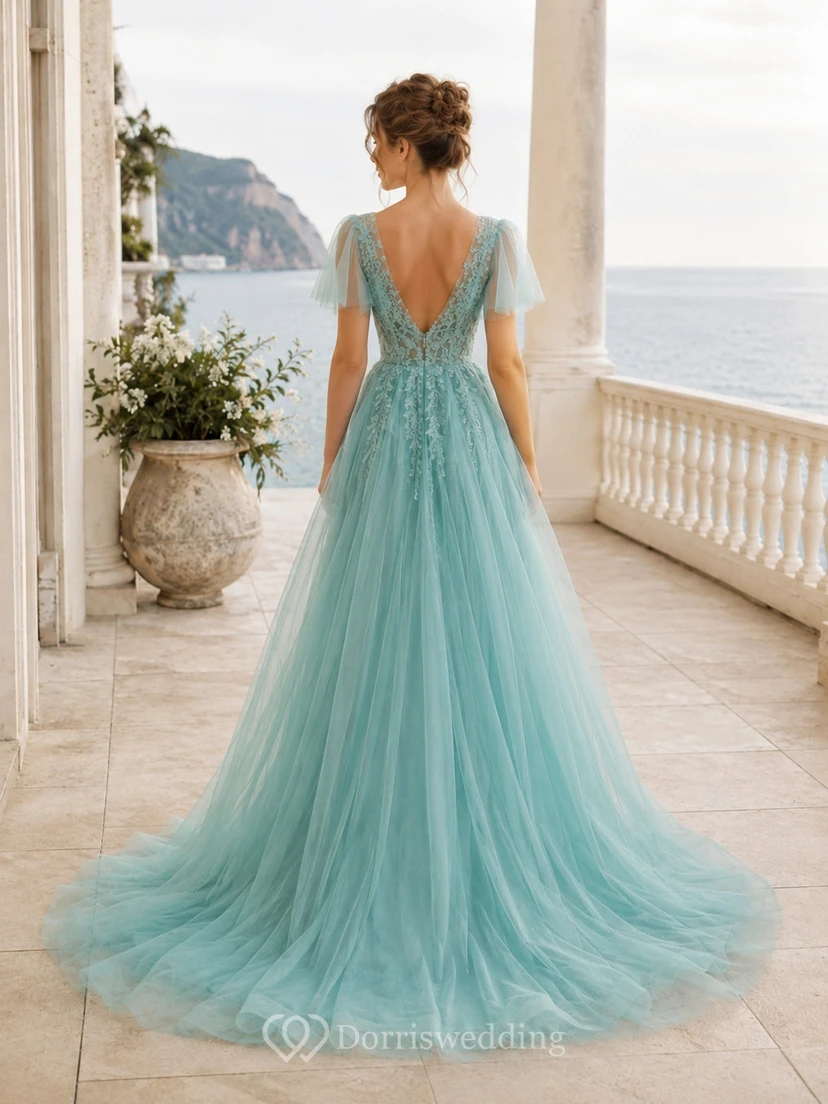 Romantisches Brautkleid in A-Linie aus türkisfarbenem Tüll mit kurzen Ärmeln, V-Ausschnitt, Applikationen und türkisfarbenem Schnitt view 2