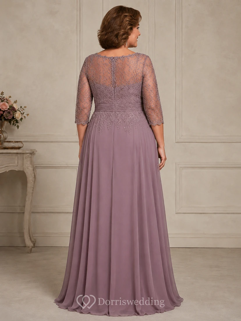 Plus Size A-Line Bateau 3/4 Length Sleeve Chiffon Mother Dress with Lace view 2