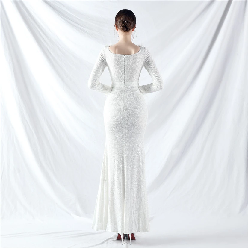 Craft-Made Ostrich Feather Long-Sleeved Beads Evening Dress view 6