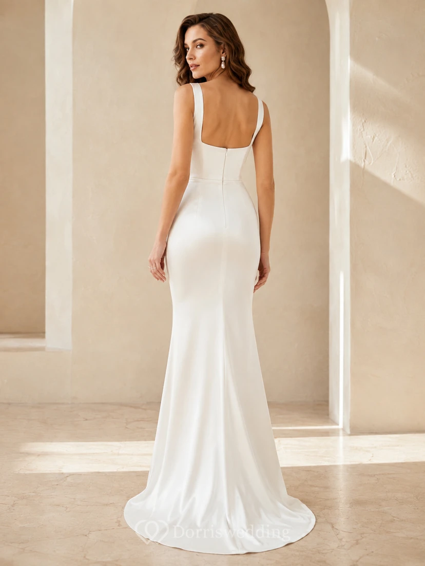 Robe de mariée fourreau en satin à fines bretelles carrées, longueur au sol, style court view 2