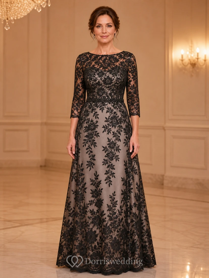 Robe de mariée sobre et élégante à imprimé floral spectaculaire, coupe trapèze, manches trois-quarts, en dentelle, longueur au sol, décolleté bateau.