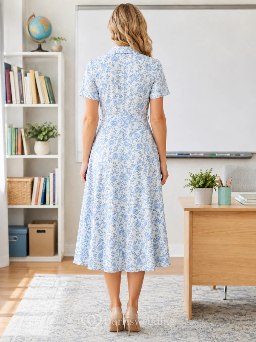 Blue floral short sleeve collared A-line teacher midi dress view 2