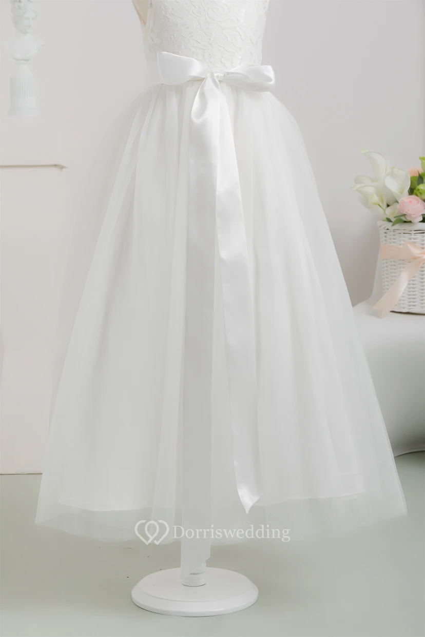 First Communion White Lace Tulle Flowergirl Dress with Bow view 8
