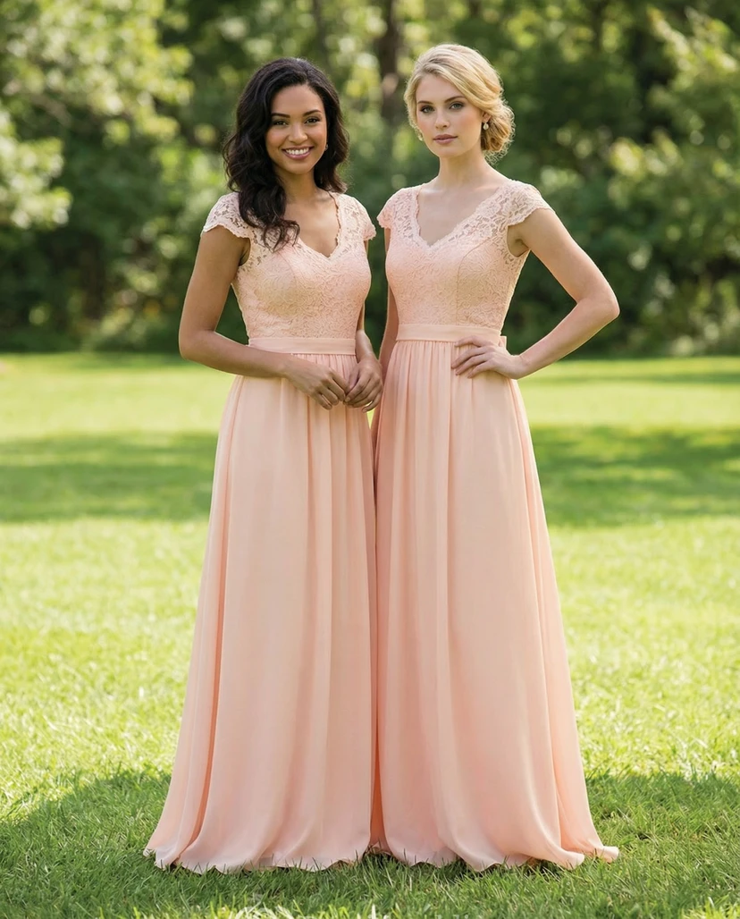 V-Neck Cap-Sleeve Lace & Chiffon Gown