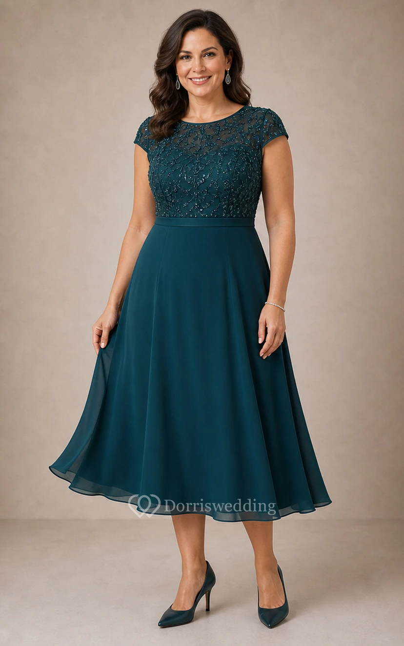 Peacock Lace Bodice Chiffon Tea-Length Dress