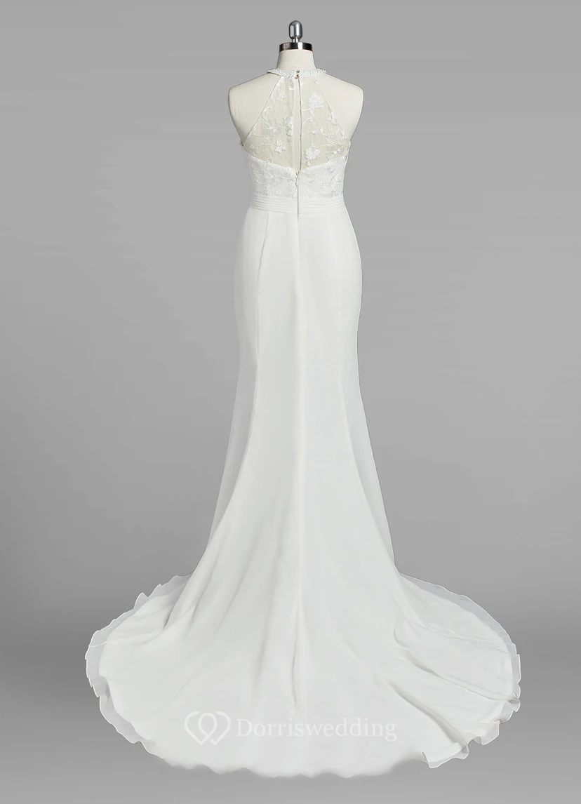 Jewel Neck Mermaid Chiffon Wedding Dress With Lace Bodice view 3