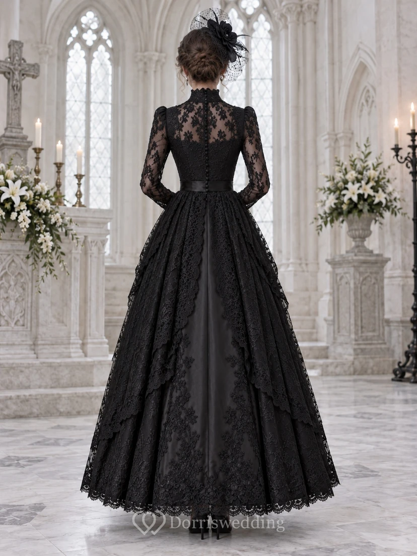 Gothic Schwarzes, hochgeschlossenes, langärmeliges, formelles Trauerkleid mit Spitzeneinsatz view 2