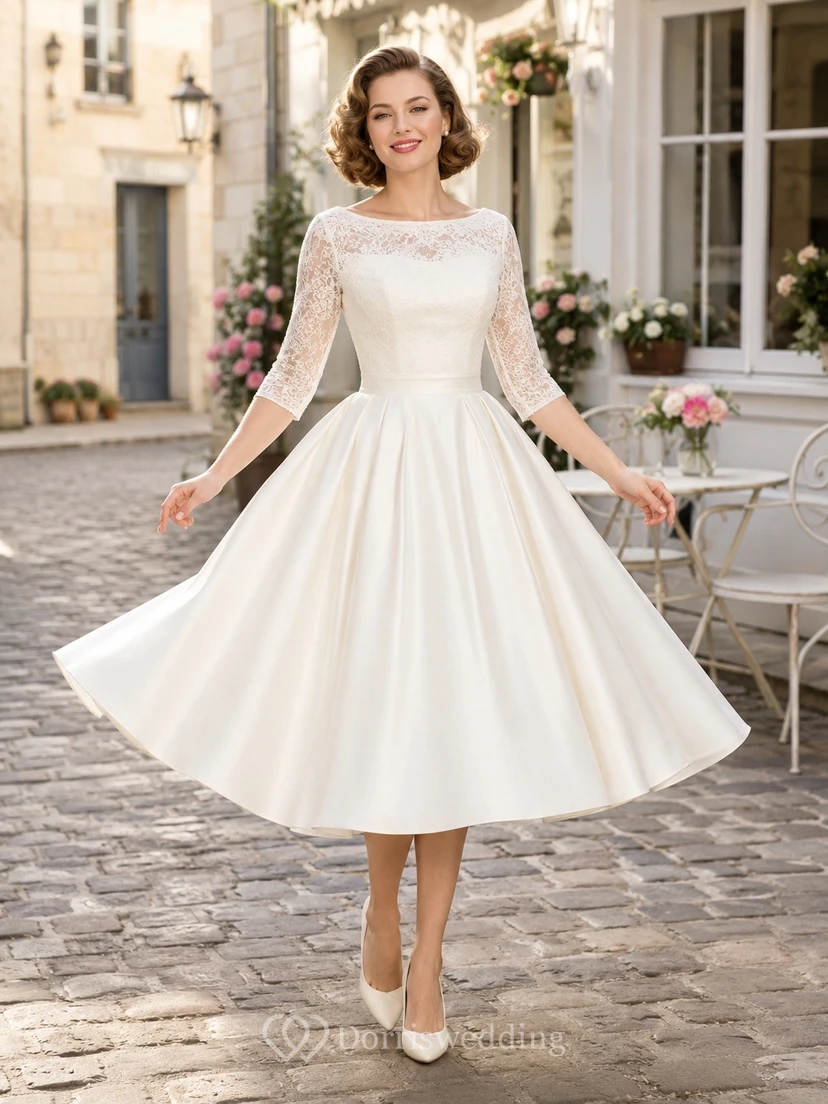 Vintage Bateau Long Sleeve A-Line Tea-length Bridal Wedding Dress