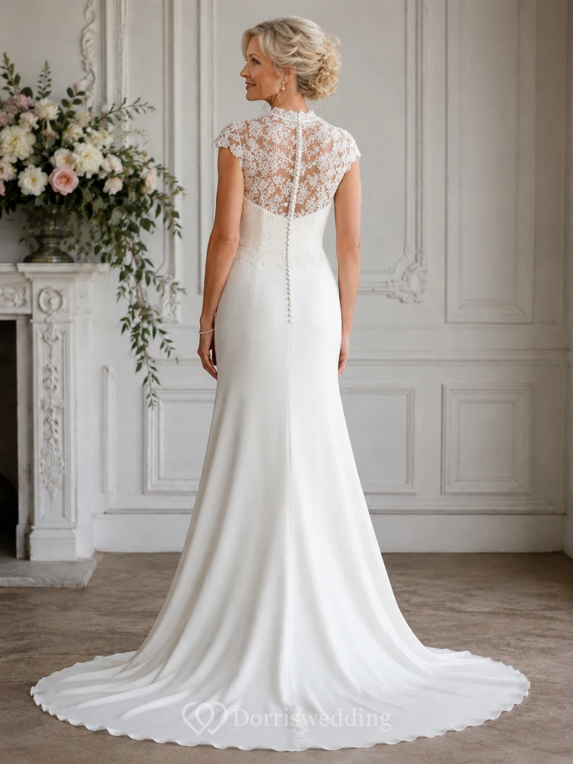Robe de mariée fourreau en dentelle illusion à manches courtes et traîne courte, idéale pour les mariées plus âgées. view 2