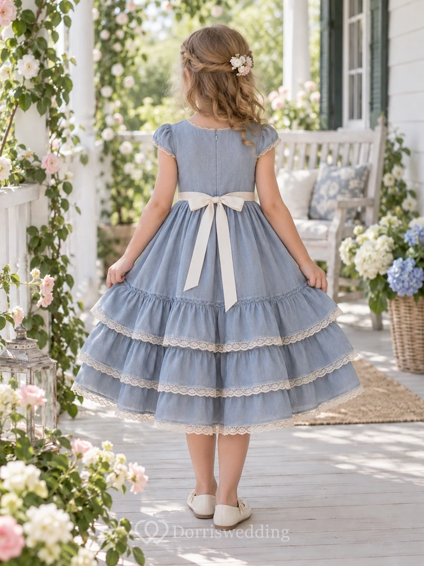 Vestido de niña de flores azul vintage de corte A, largo hasta la rodilla, con mangas cortas, pliegues y volantes con borde de encaje. view 2