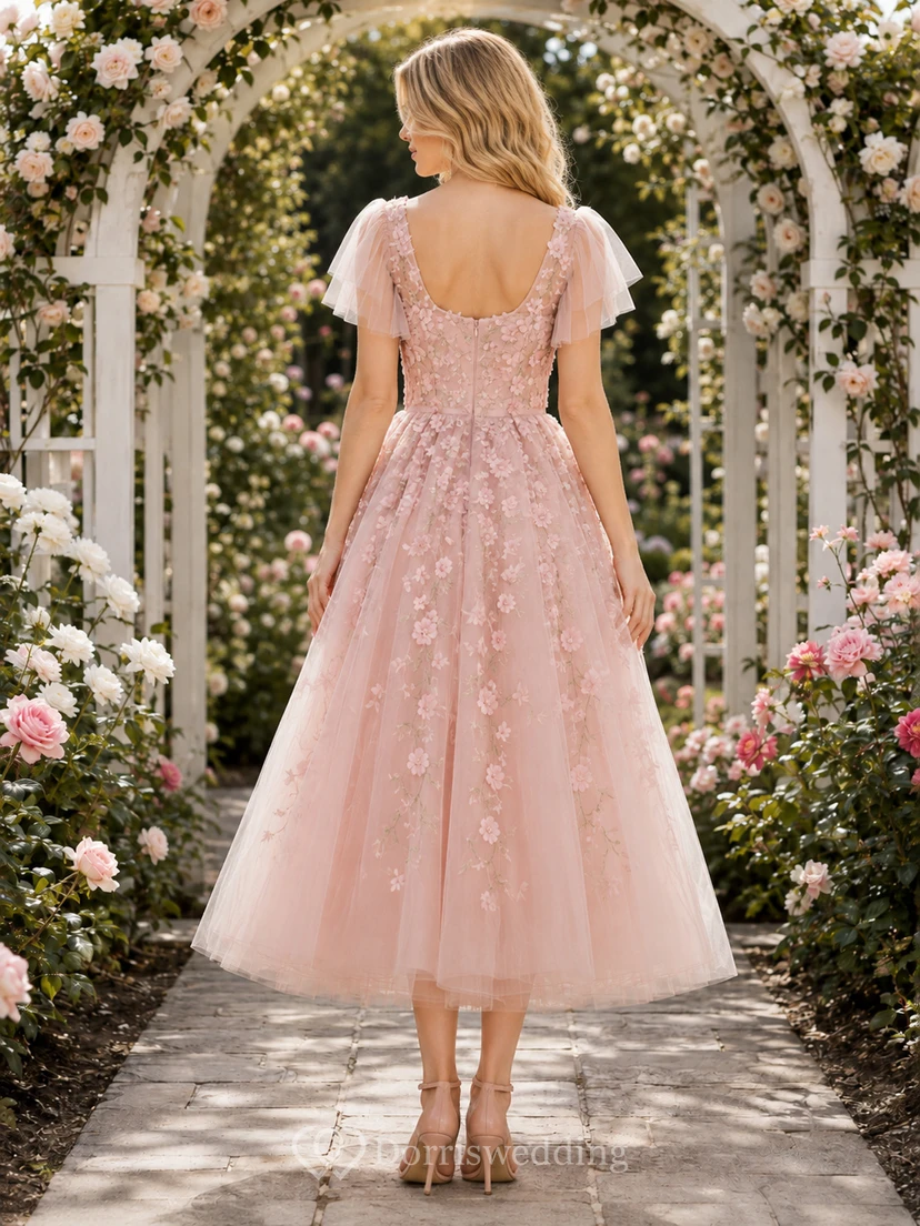 Blossom Pearl-Pink V-Neck Petal-Sleeve Floral-Applique Lace Tulle A-Line Tea-Length Romantic Garden Guest Dress view 2