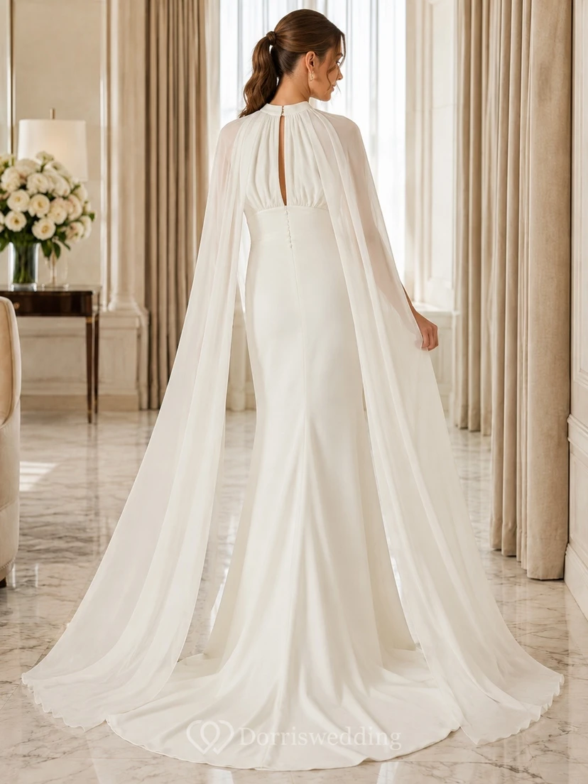 Vestido de novia sencillo de corte imperio con cuello alto y capa, estilo corte A, para bodas civiles, estilo juzgado. view 2