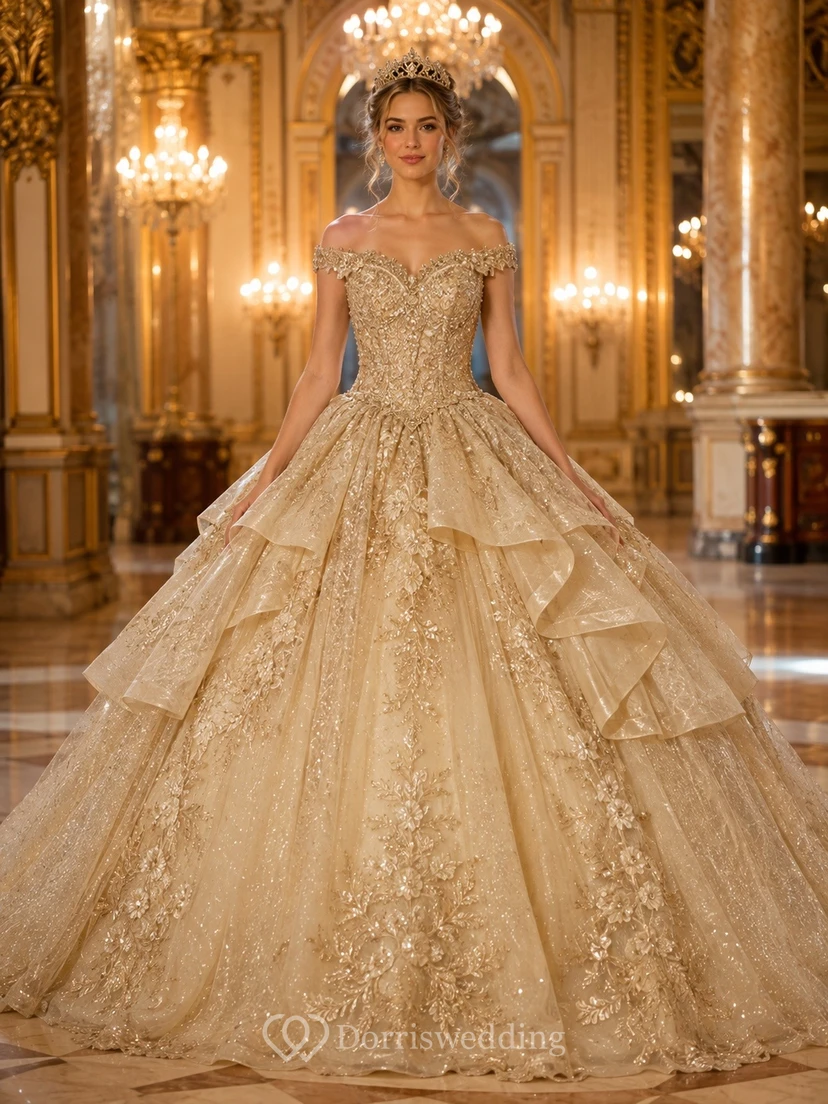 Vestido de gala de quinceañera de lujo con hombros descubiertos y detalles de cuentas, largo hasta el suelo.