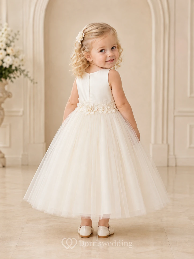 Floral Applique Sleeveless Tea-Length A-Line Flower Girl Garden Wedding Tulle Dress view 2