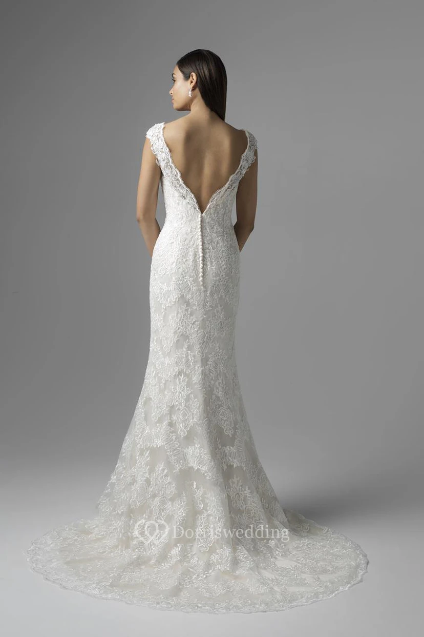 Sheath Sleeveless V-Neck Lace Wedding Dress With Deep-V Back view 2