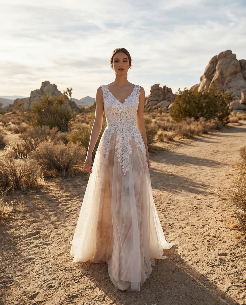 Vestido de novia de corte A con fluidez en tul color champán