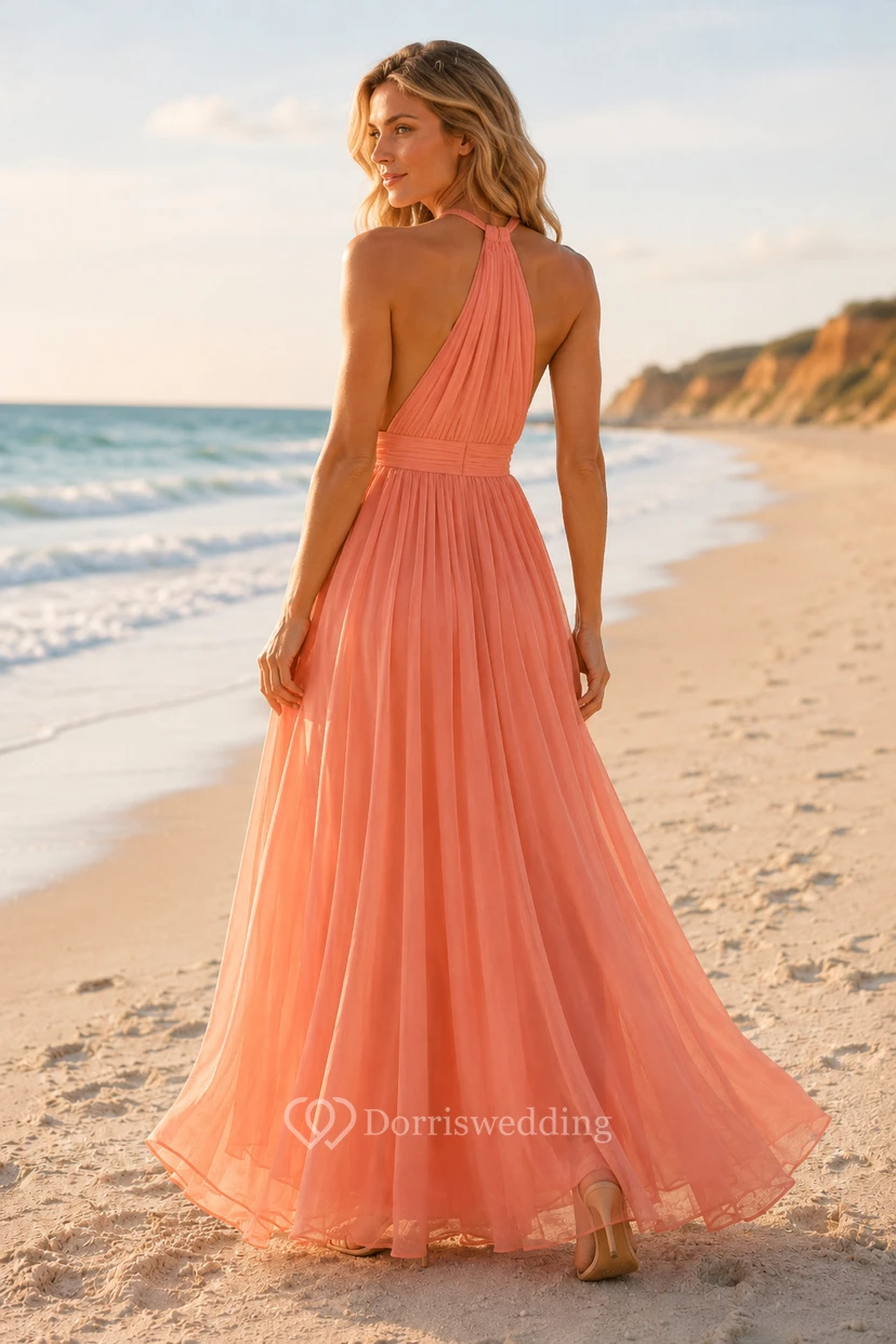 Coral Halter Chiffon A-Line Formal Dress with Slit view 2