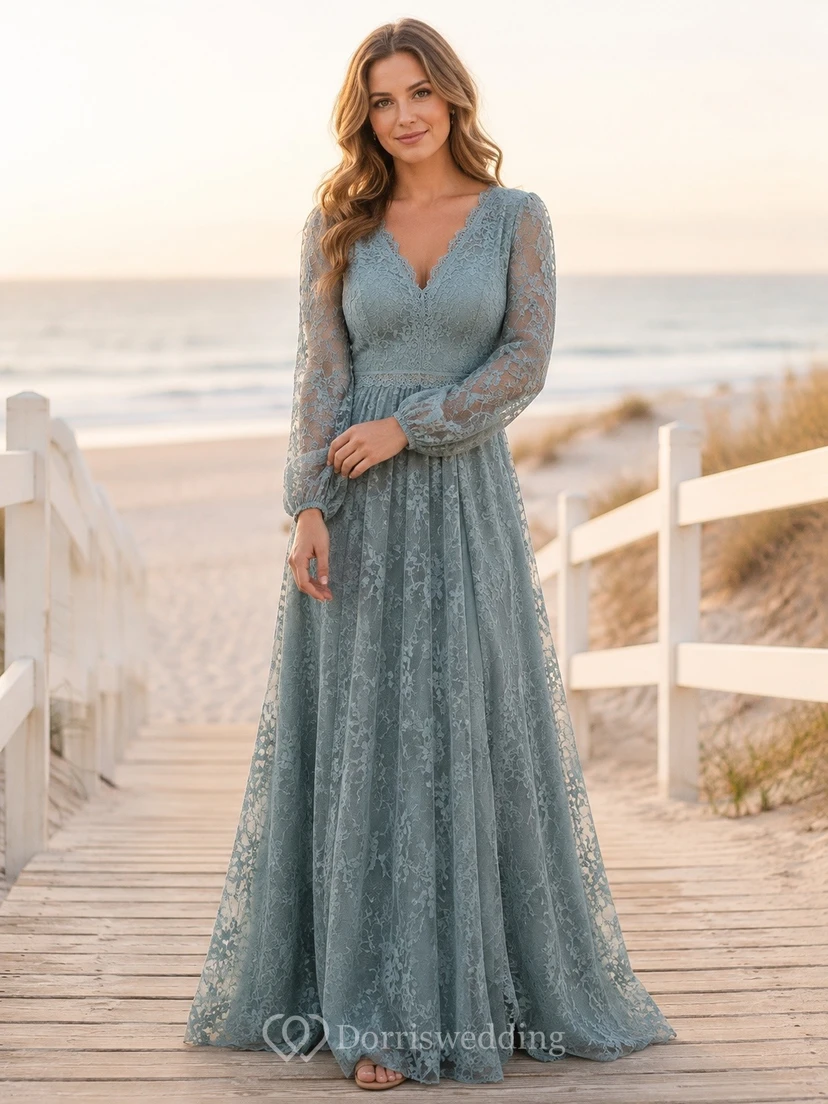 Modest Steel Grey V-neck Long Sleeve A-line Lace Formal Dress