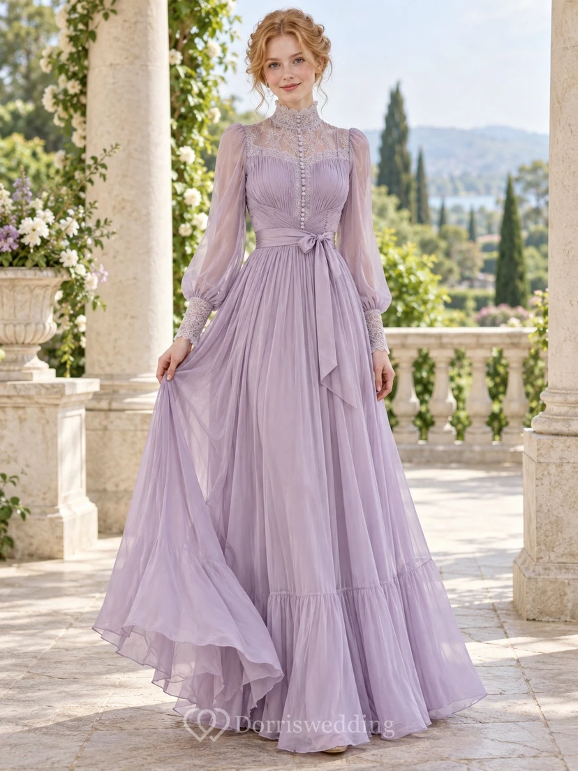 Vintage Edwardian High Neck Long Sleeve Lavender Lace Chiffon Evening Dress