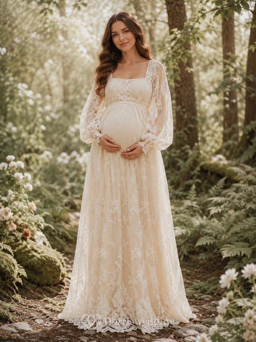 Maternity Wedding Dress Square Neck Long Lace Sleeve Vintage Bridal Gown
