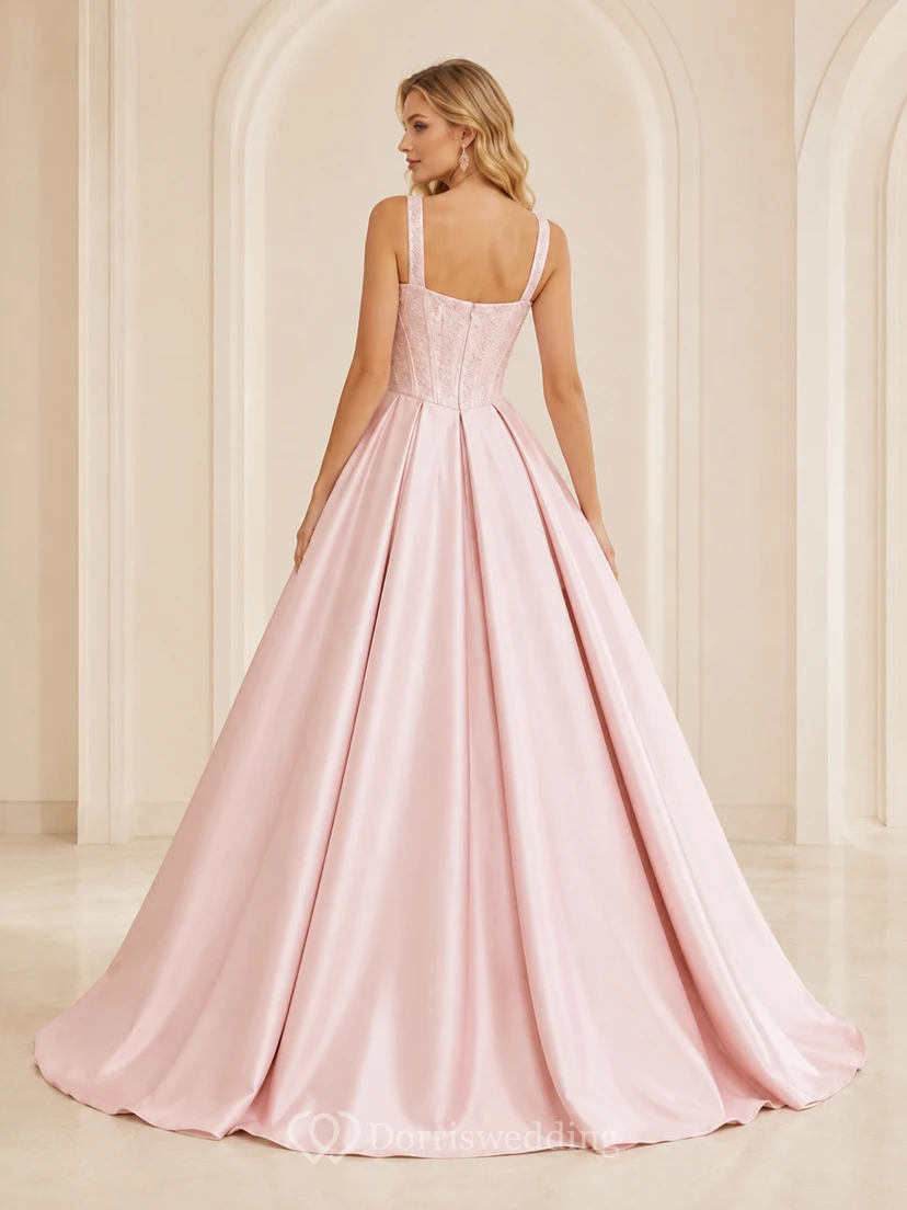 Blushing Pink Simple Square Neck Straps Satin Lace Sweet Sixteen Princess Ball Gown view 2