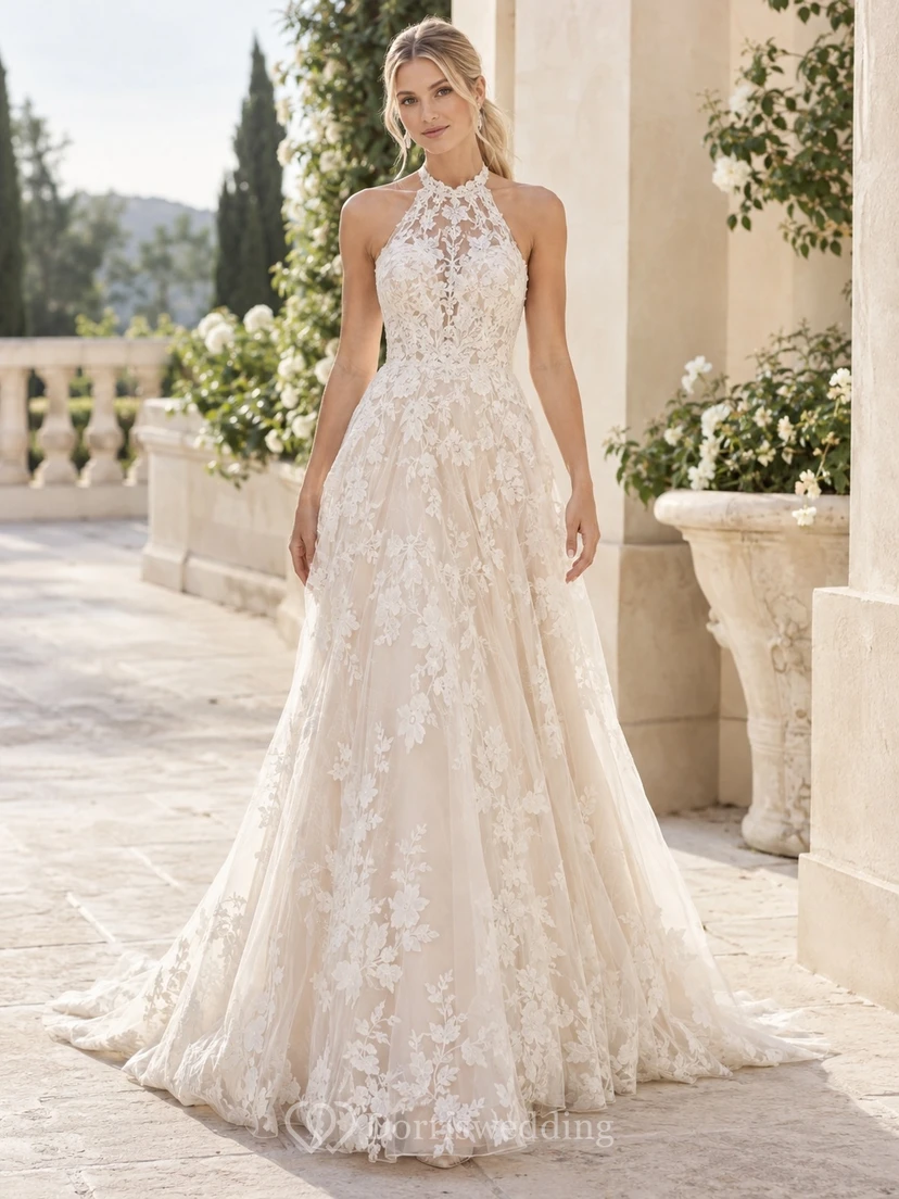 Robe de mariée champagne dos nu col montant longue traîne en dentelle florale