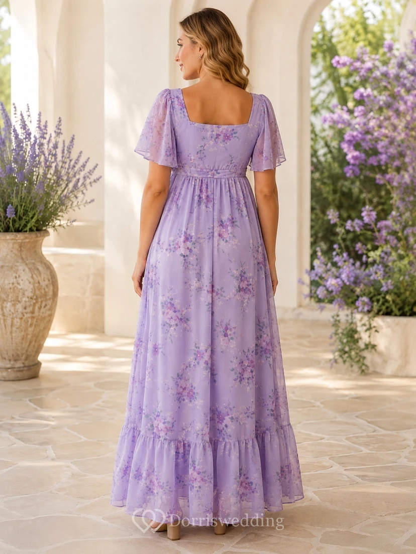 Lavender Bohemian Chiffon Petal-Sleeve Empire A-Line Garden Maxi Dress view 2