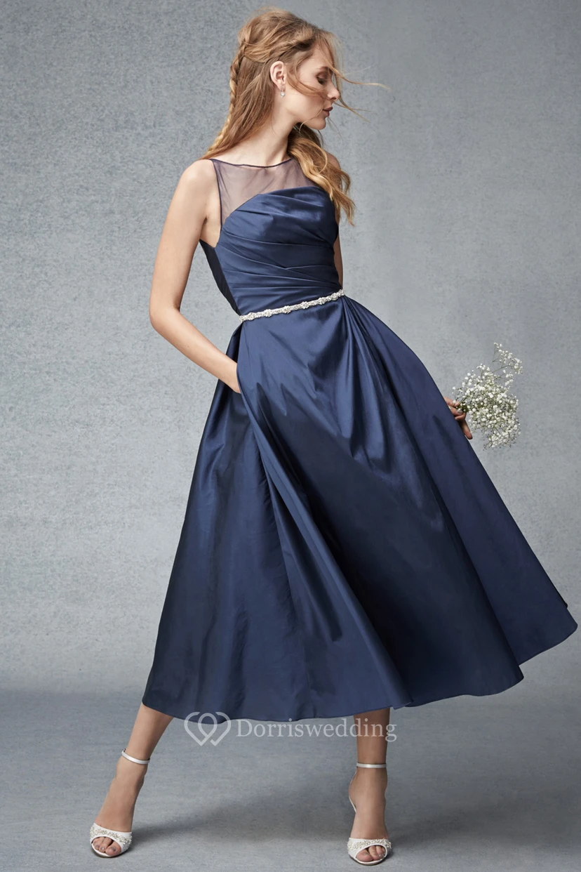 Tea-Length Sleeveless Ruched Scoop Neck Satin Bridesmaid Dress