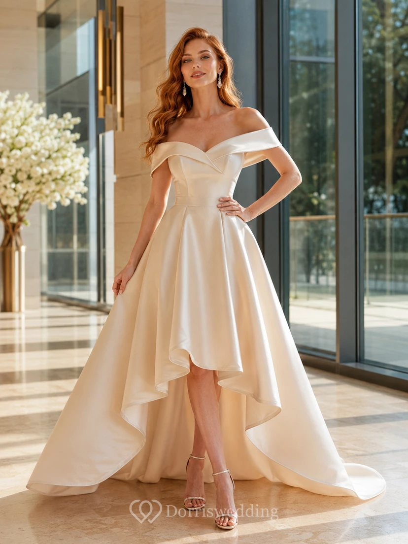 Off Shoulder Satin High Low City Venue Wedding Dress