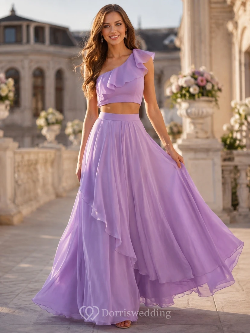 Lavender One Shoulder Two Piece Tiered Tulle Prom Dress Classic