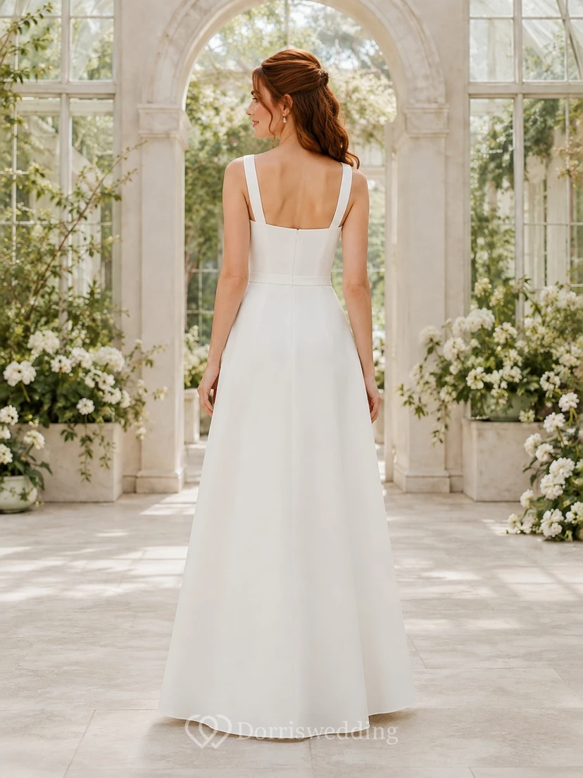 Schlichtes, modernes Brautkleid aus Satin mit eckigem Ausschnitt, Trägern und minimalistischem A-Linien-Schnitt in Bodenlänge view 2