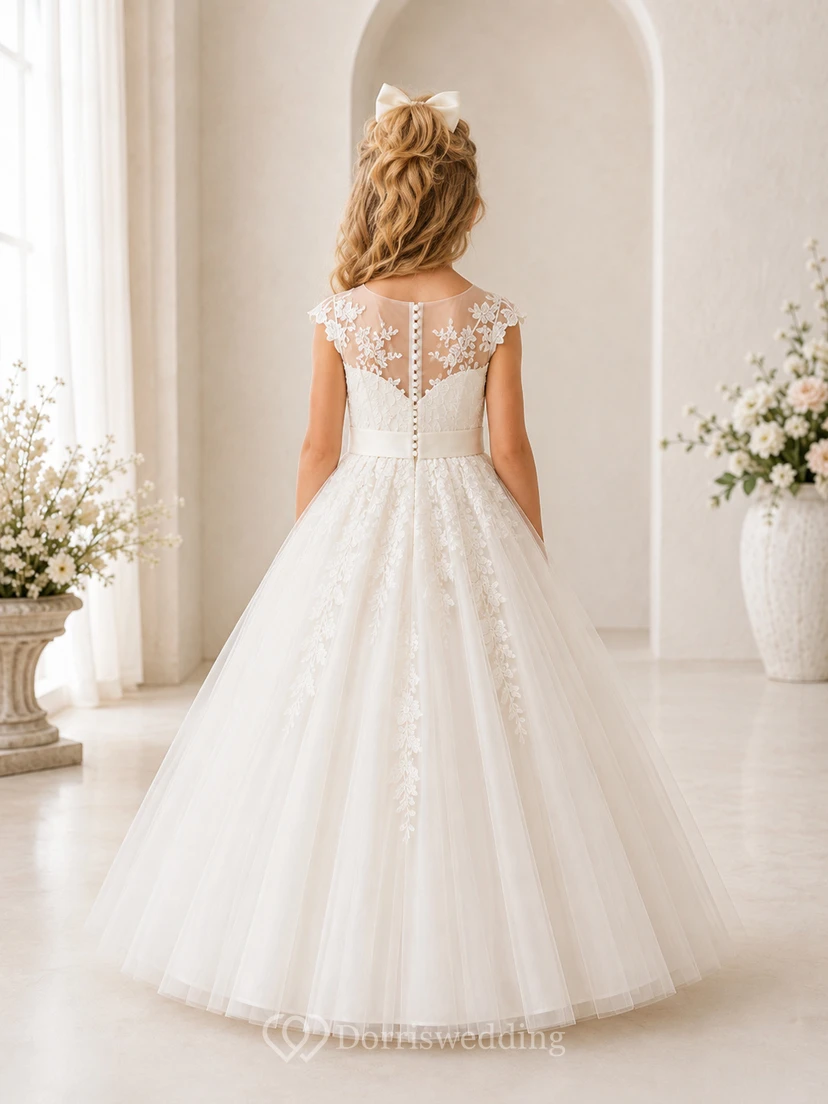 Boho-Spitzenkleid mit Tüllrock, A-Linien-Schnitt, kurzen Ärmeln, Rundhalsausschnitt und bodenlangem Rock für Blumenmädchen. view 2
