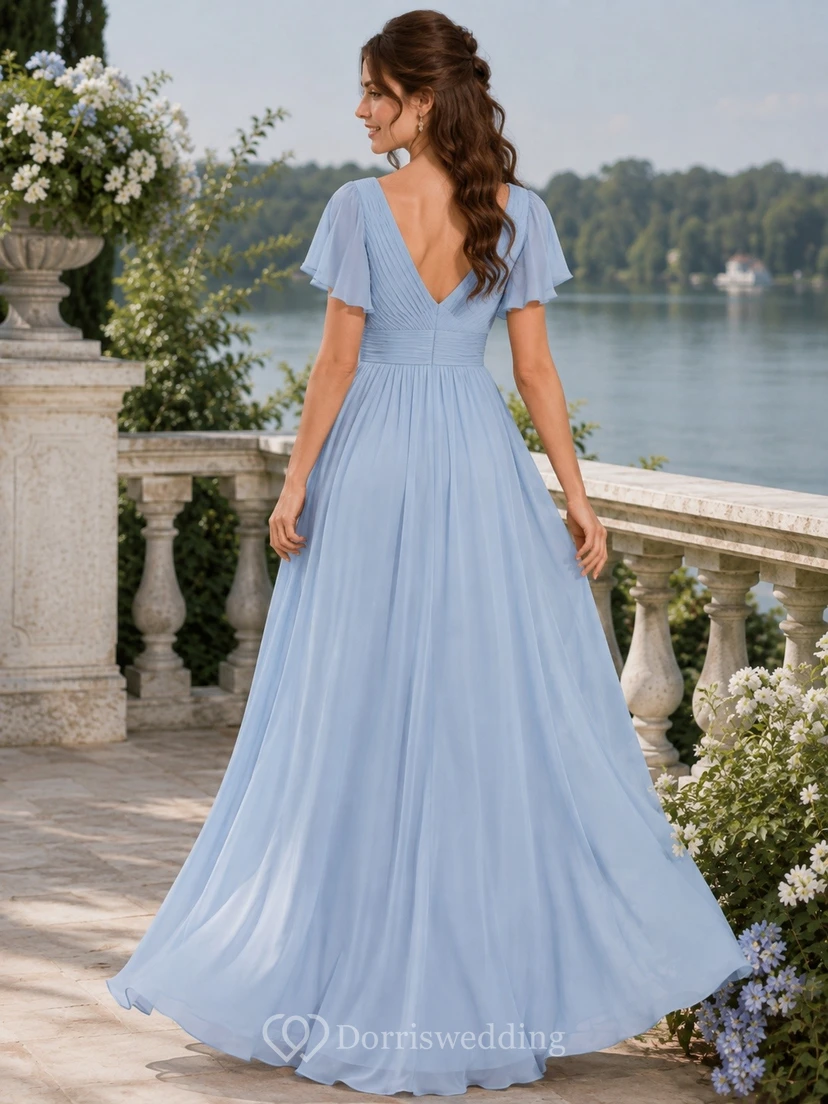 Blue V-neck T-shirt Short Sleeve Chiffon Floor-length A-line Casual Garden Dress view 2