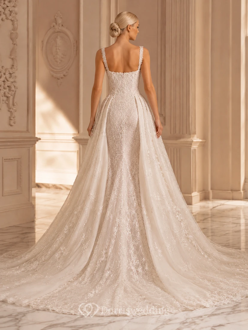 Robe de mariée intemporelle en dentelle et tulle, col carré, sans manches, sirène, traîne cathédrale, jupe amovible, style bal view 2