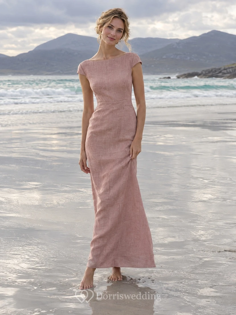 Simple Dusty Rose Beach Wedding Dress Sheath Bateau Neck Cap Sleeves Ankle Length