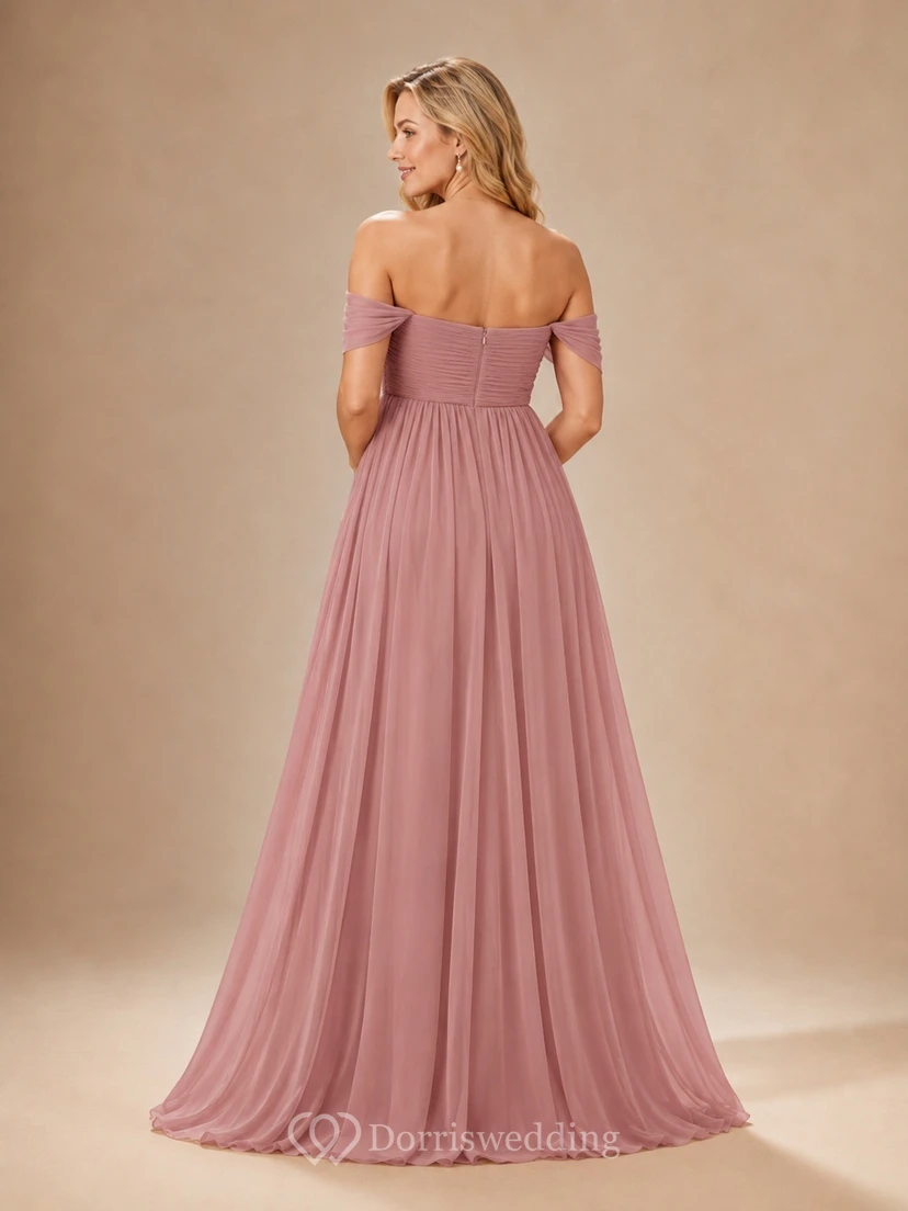 Dusty Rose Maternity Off-Shoulder A-Line Floor-Length Short-Sleeve Chiffon Romantic Evening Gown view 2