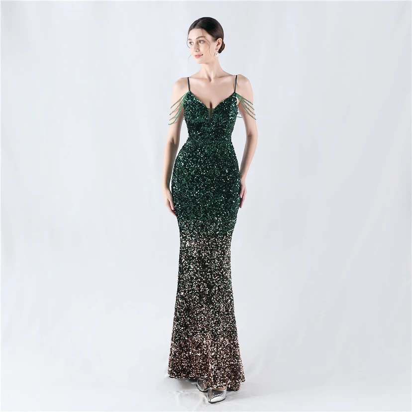 Velvet-Bottom Gradient Sequined Sexy Beaded Suspender Evening Dress view 11