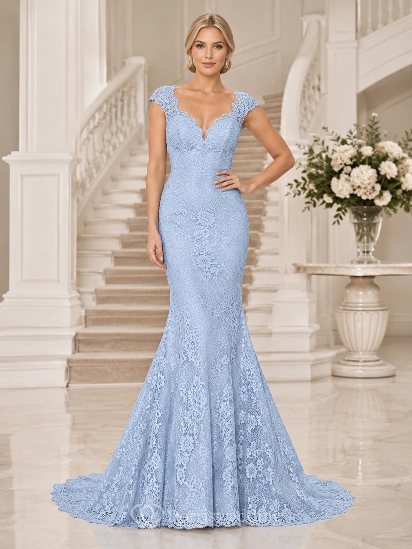 Luxury Light Blue Lace Mermaid Floor-Length V-Neck Cap Sleeve Formal Dress