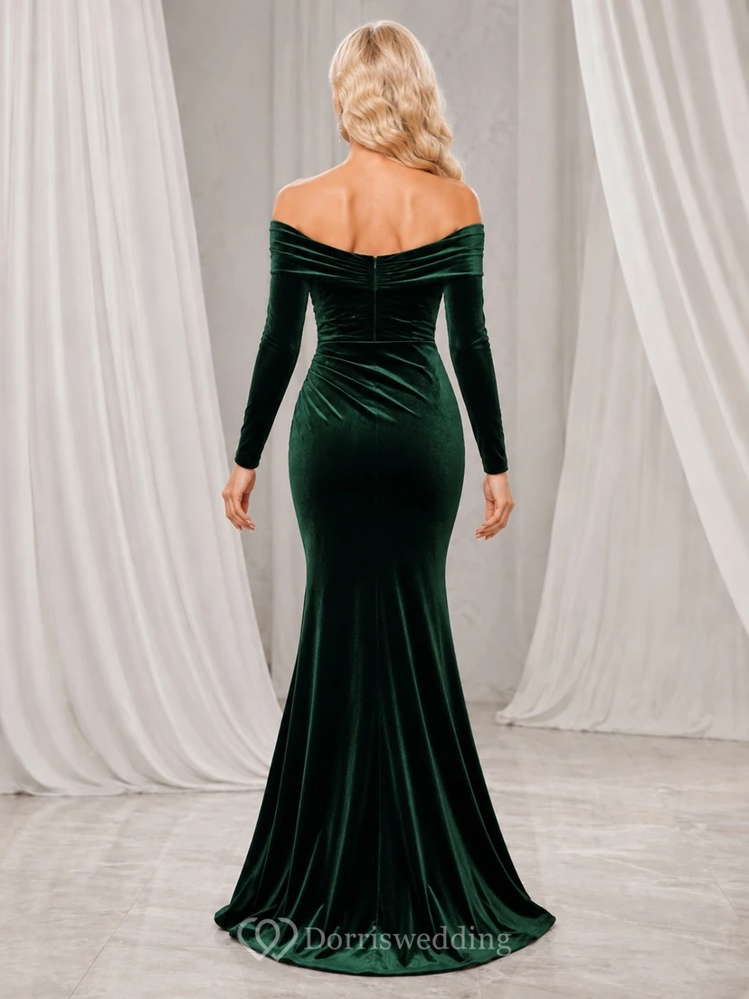 Dark Green Velvet Off-the-Shoulder Long-Sleeve Mermaid Sweep-Train Evening Dress view 2