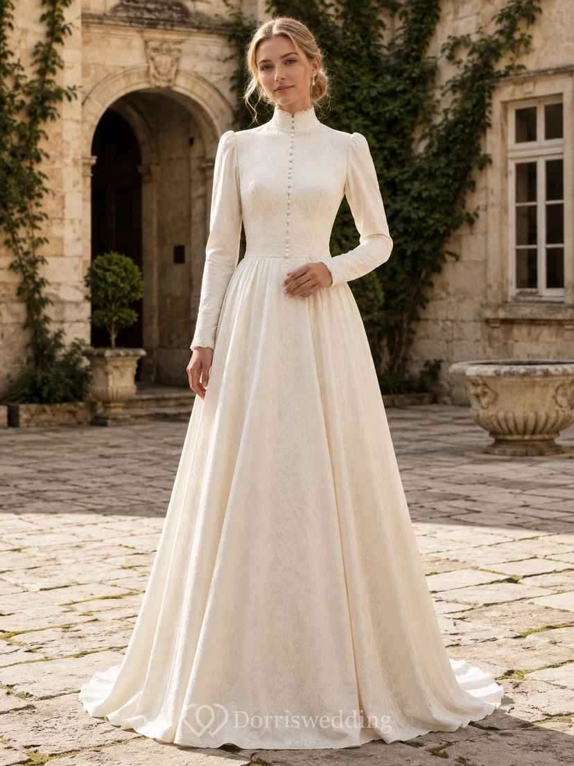 Robe de mariée vintage à col montant et boutons de nacre, style cour intérieure