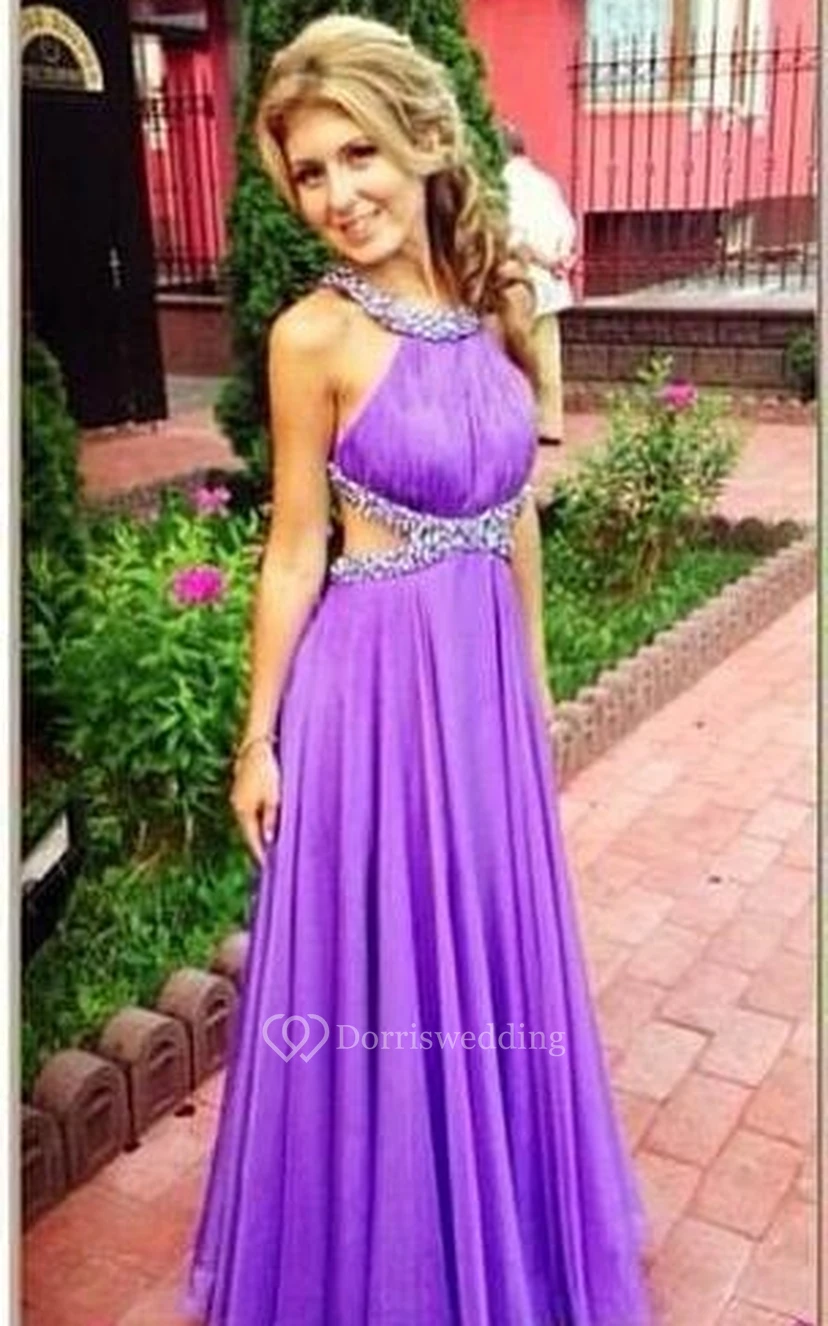 Purple A-Line Open Back Prom Gowns Criss-Cross Evening Dresses With Beadings view 2