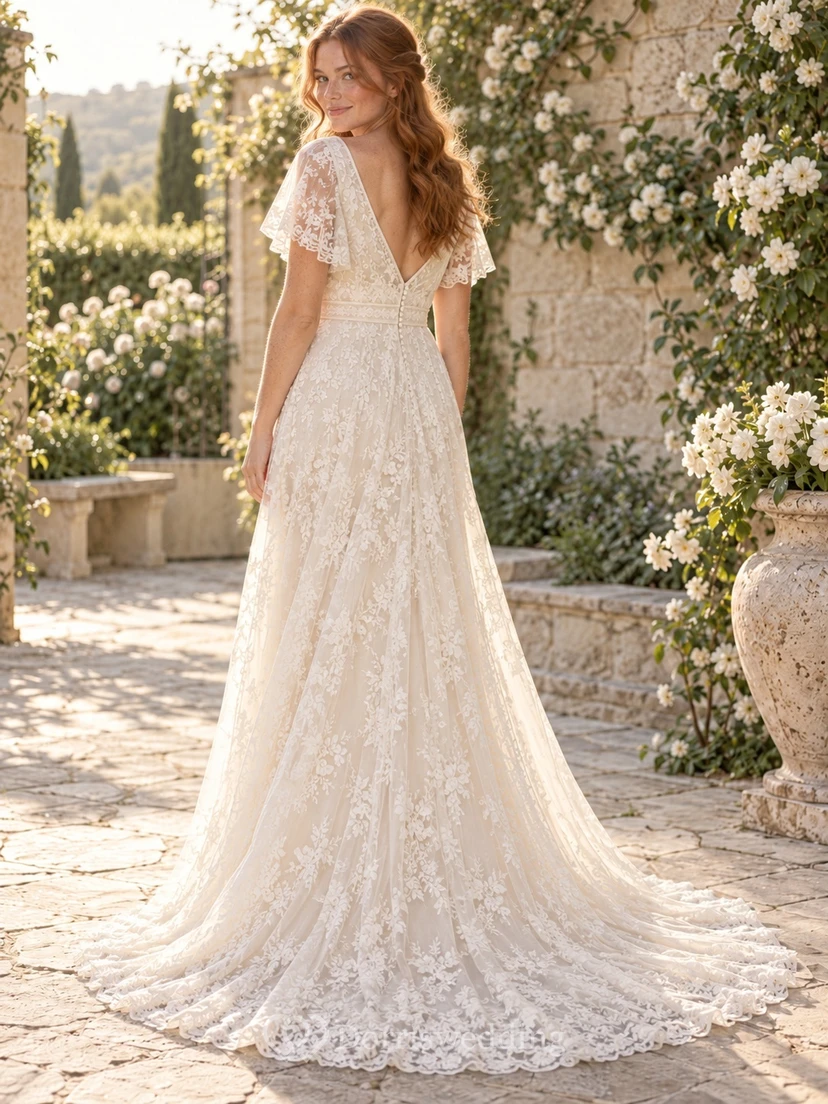 Vintage V-neck Flutter Sleeve Floral Lace A-line Train Wedding Dress view 2