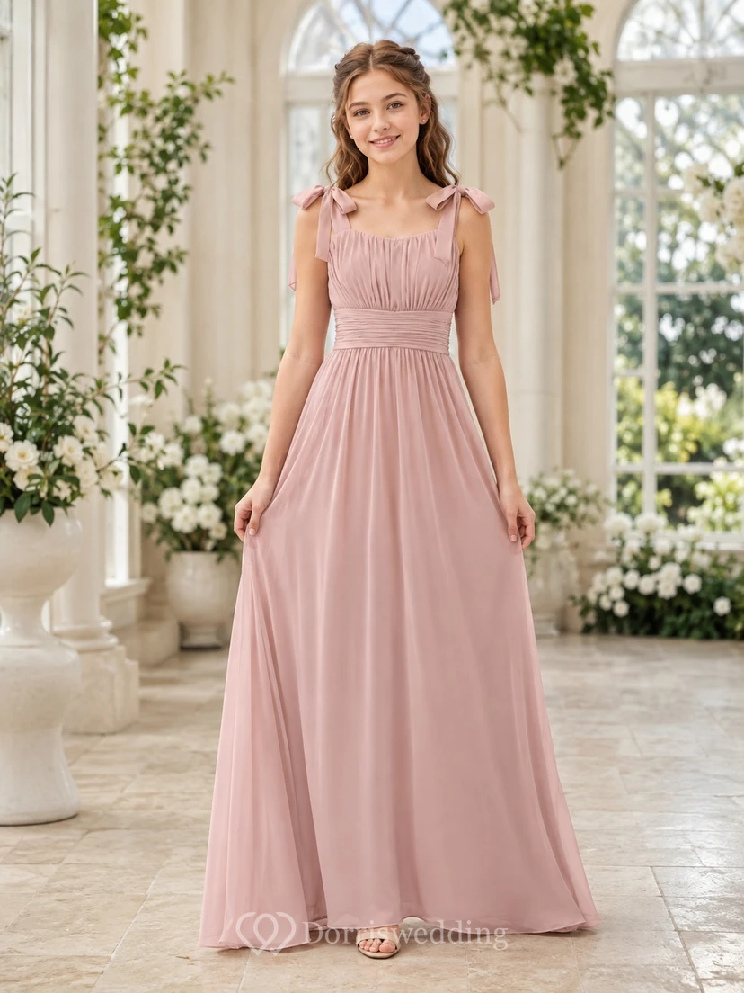 Perlmuttrosa Brautjungfernkleid, A-Linie, eckige Schulterpartie, ärmellos, Schleifen