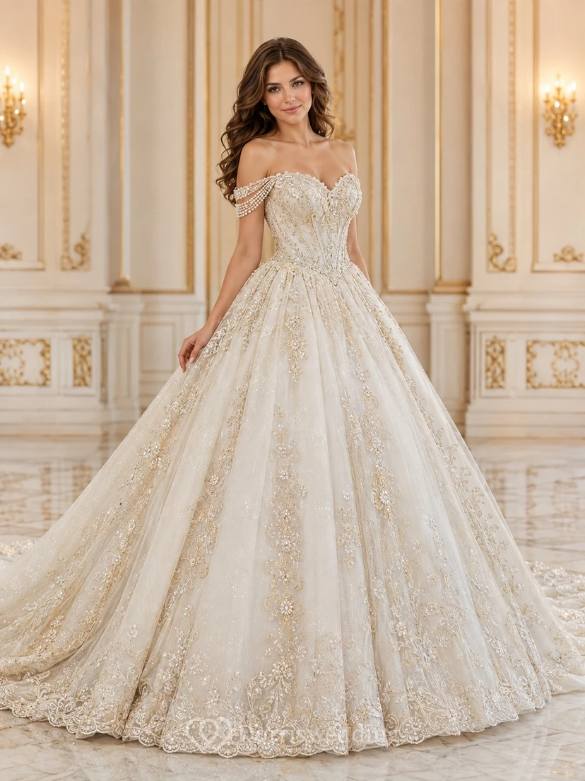 Goldbesetztes Ballkleid mit Perlenstickerei, schulterfrei, kurze Ärmel, bodenlang, Kathedralenschleppe, luxuriöses Brautkleid