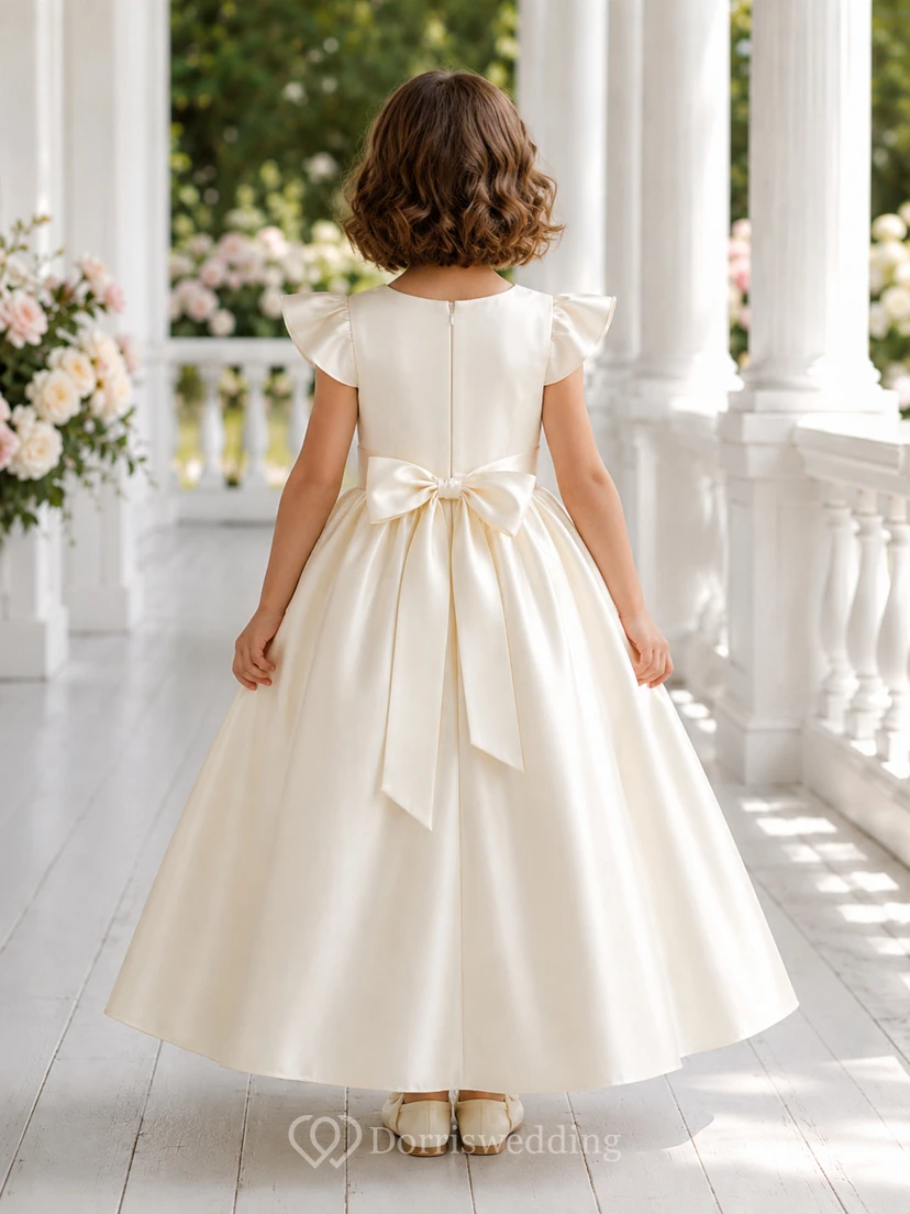 Flower Girl Dress Ivory Satin A-Line Jewel Neck Tea Length Bow Detail view 2
