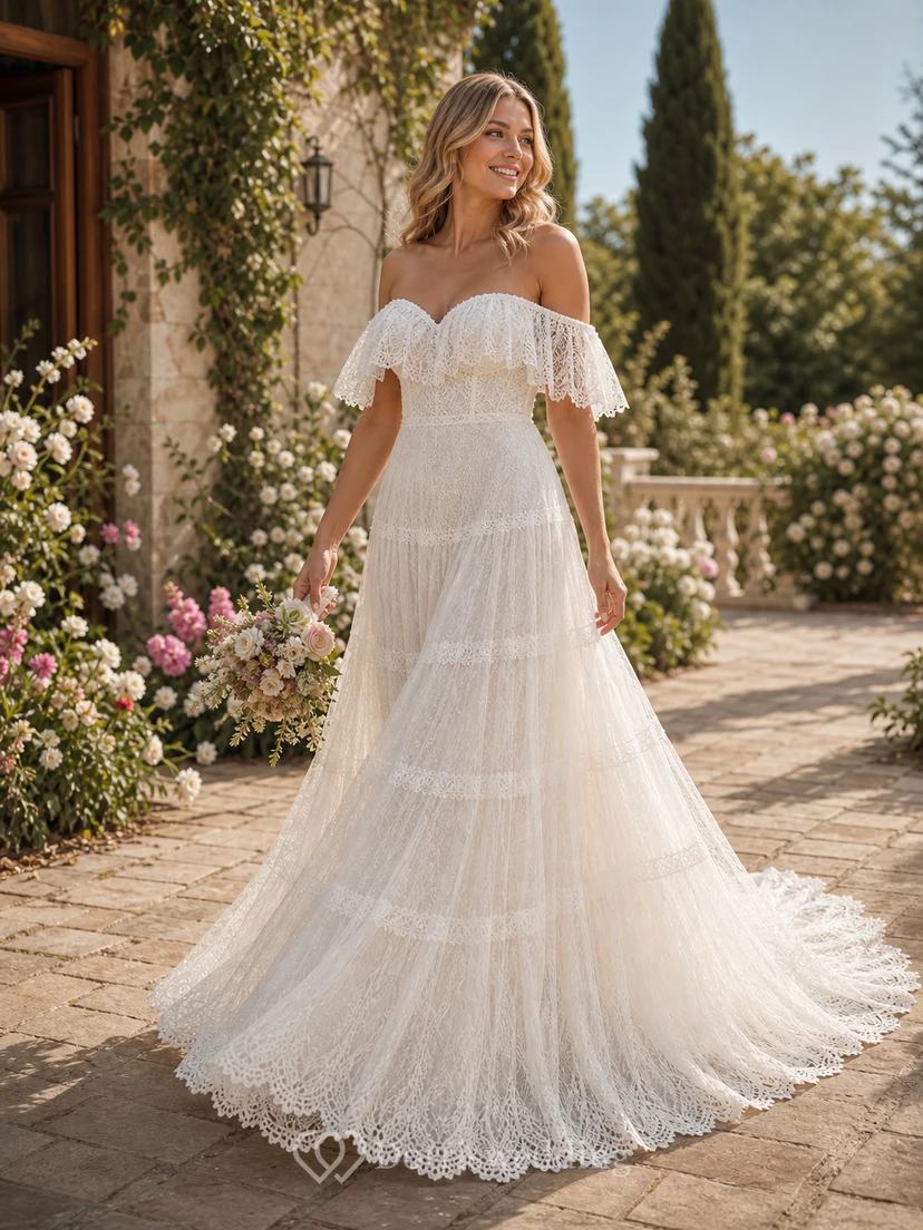 Boho Off-the-Shoulder Lace Vintage Wedding Dress with Layered Skirt view 7