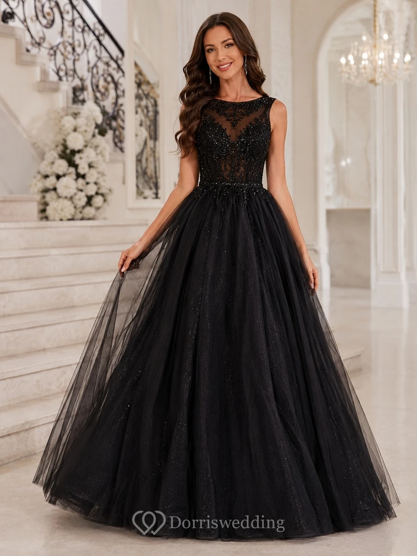 Black Illusion Sleeveless Lace Ball Gown Floor-length Tulle Romantic Luxury Evening Dress